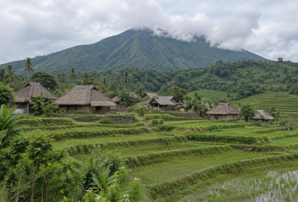 Thatched village houses and rice terraces below forested mountain slopes
