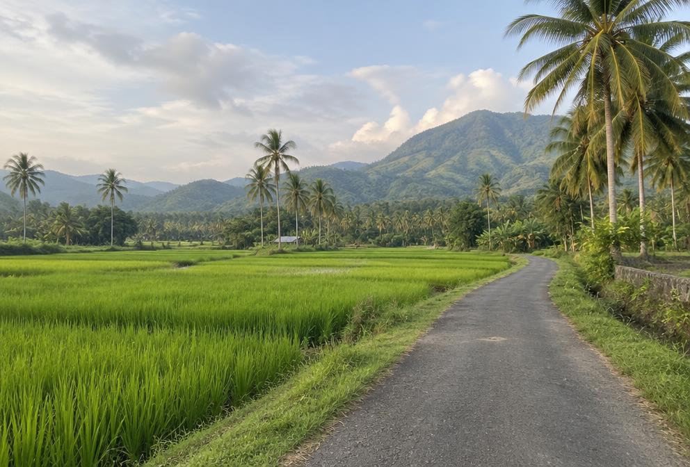 A quiet road through green rice fields and palm trees